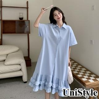 【UniStyle】短袖襯衫洋裝 韓系魚尾裙襬連身裙 女 ZM123A-5579(冰川藍)