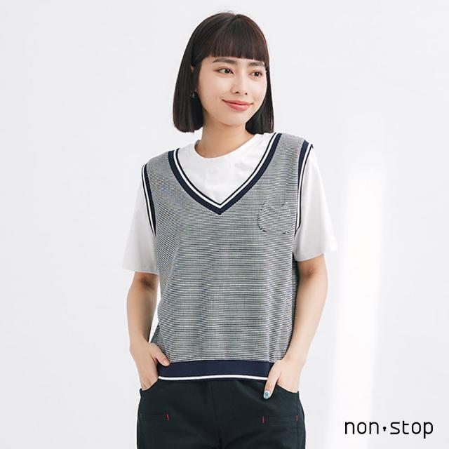 【non-stop】學院風菱格紋假兩件T恤-1色