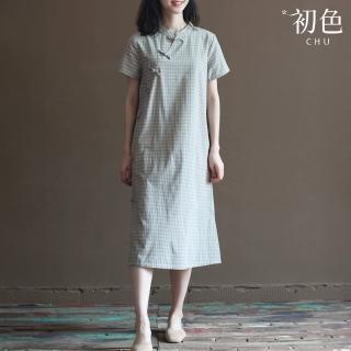 【初色】復古中式改良旗袍格紋格子立領盤扣短袖中長裙連衣裙連身洋裝-綠格-35279(M-2XL可選)