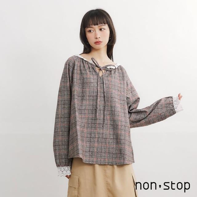 【non-stop】蕾絲綁帶磨毛格紋上衣-1色
