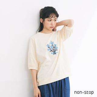 【non-stop】花卉刺繡五分袖T恤-2色