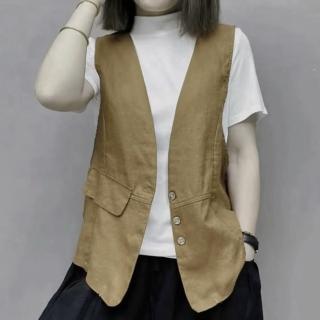 【JC Collection】文藝復古亞麻輕薄前釦雙口袋設計外套背心(黑色、亞麻色、卡其色)