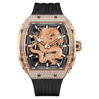【BONEST GATTI】布加迪 偉大傳奇系列 龍年玫金框 鏤空造型 氟橡膠錶帶 自動上鍊機械腕錶(BG5606-A2)