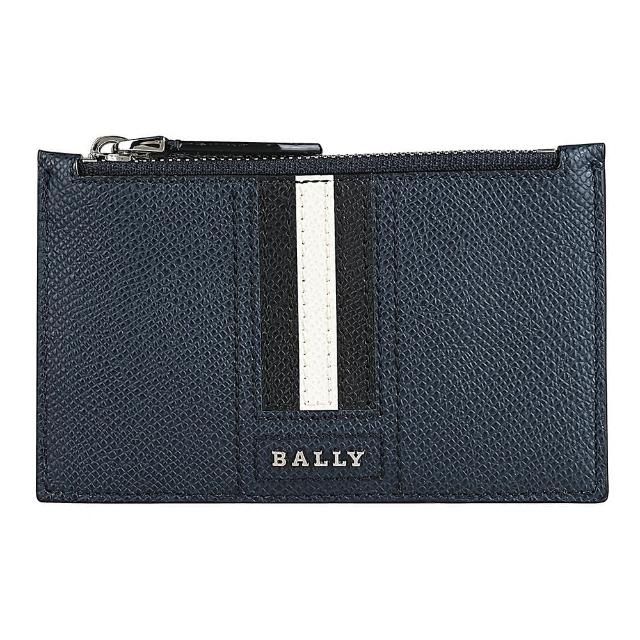 【BALLY】TENLEY銀字金屬LOGO黑白條紋粒面紋牛皮4卡拉鍊零錢卡夾(深藍)