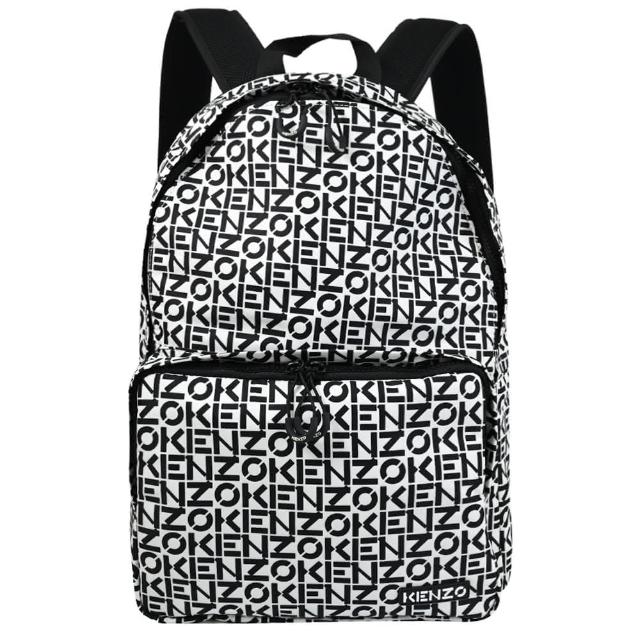 【KENZO】品牌英文LOGO印花厚尼龍前口袋旅用包後背包(白黑)