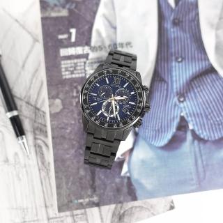 【CITIZEN 星辰】光動能 電波錶 萬年曆 藍寶石水晶玻璃 日期 不鏽鋼手錶 藍x鍍黑 43mm(CB5885-85L)