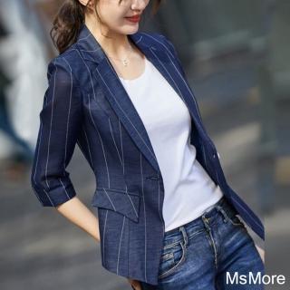 【MsMore】小西裝外套薄款小個子七分袖短款垂感網紅條紋百搭西服#122353(白/黑/藍)