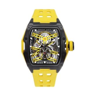 【BONEST GATTI】布加迪 馳風競速系列 黃色 黑框 鏤空酒桶造型 氟橡膠錶帶 自動上鍊機械腕錶(BG5502-A3)