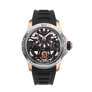 【BONEST GATTI】布加迪 宇宙系列 玫瑰金 銀框 偏心顯示設計面盤 黑氟橡膠錶帶 機械腕錶(BG5101-A2)