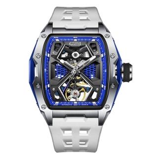 【BONEST GATTI】布加迪 馳風競速系列 白色 藍x銀框 鏤空酒桶造型 白氟橡膠錶帶 機械腕錶(BG5501-A1)