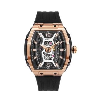 【BONEST GATTI】布加迪 幻影時速系列 黑色玫金框 鏤空造型 氟橡膠錶帶 自動上鍊機械腕錶(BG5601-A2)