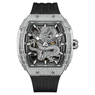【BONEST GATTI】布加迪 偉大傳奇系列 龍年晶鑽銀框 鏤空造型 氟橡膠錶帶 自動上鍊機械腕錶(BG5605-A1)
