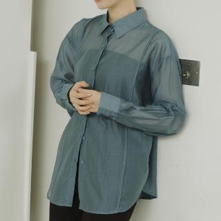 【Queenshop】女裝 長袖 光澤透膚剪接設計寬版襯衫-藍 現+預 01025299