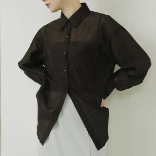 【Queenshop】女裝 長袖 光澤透膚剪接設計寬版襯衫-黑 現+預 01025297