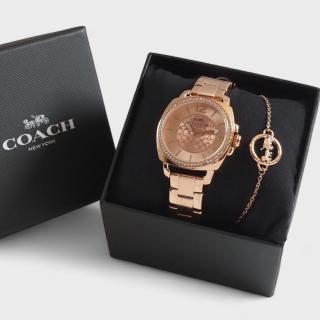 【COACH】BOYFRIEND 經典滿版C錶盤 馬車Logo不鏽鋼女錶34mm+手鍊組合(玫瑰金色 送禮精選)