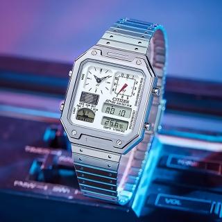 【CITIZEN 星辰】GENT系列 JG2120-65A 80年代復古時尚 兩地時間 日期 溫度 雙顯 多功能 銀色電子錶 手錶