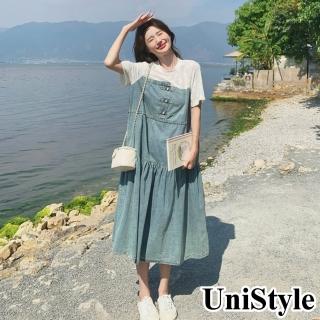 【UniStyle】假兩件短袖洋裝 韓系復古薄款牛仔拼接連身裙 女 ZMC077-2428(牛仔藍)