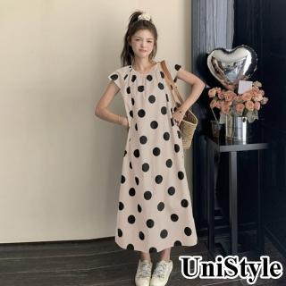 【UniStyle】波點短袖洋裝 韓系復古顯瘦連身裙 女 ZM262-S9955(黑點杏色)