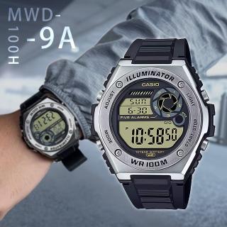 【CASIO 卡西歐】MWD-100H-9A 世界時間碼錶鬧鈴LED防水多功能 重工業 金屬風 男性 電子錶 手錶(休閒運動)