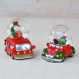 【YU Living 信歐傢居】日本進口 MARKS聖誕水晶球車 3吋高(紅色/2款/聖誕老人.雪人/雪花球 桌上擺飾)
