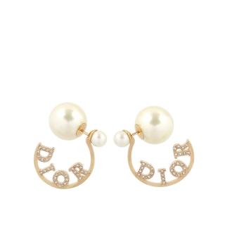 【Dior 迪奧】Tribales 水鑽環狀標誌及珍珠耳環(金色)