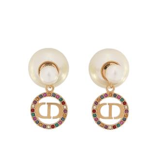 【Dior 迪奧】Tribales CD Logo 彩色水晶及珍珠針式耳環(金色/白色)