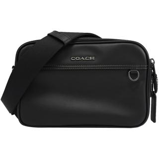 【COACH】簡約經典LOGO全皮革雙層方包斜背包(黑)