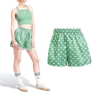 【adidas 愛迪達】Mono 3s Shorts 女款 綠色 三葉草 滿版印花 運動 短褲 IX0931