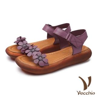 【Vecchio】真皮頭層牛皮一字帶小花厚底涼鞋(紫)