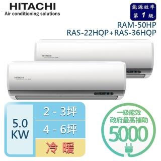 【HITACHI 日立】2-3坪+4-6坪 R32一級能效變頻冷暖一對二分離式冷氣(RAM-50HP/RAS-22HQP+RAS-36HQP)