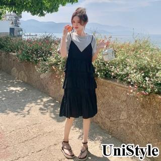 【UniStyle】假兩件短袖洋裝 韓系T恤拼接蛋糕裙連身裙 女 ZM092A-7037(黑)