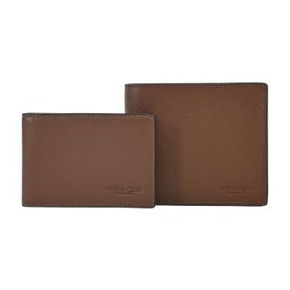 【COACH】素面荔枝紋皮革男款8卡短夾(附證件夾/棕色)