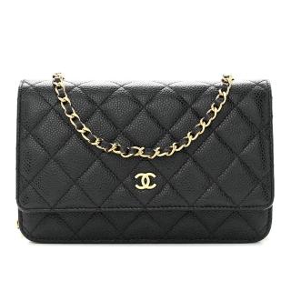 【CHANEL 香奈兒】Chanel 經典款WOC 金色金屬 黑色 荔枝牛皮 羊皮 側背包 皮夾包(AP0250Y01864C3906)