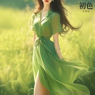 【初色】氣質復古風貼身純色襯衫領短袖收腰連衣裙連身洋裝-綠色-35551(M-2XL可選)
