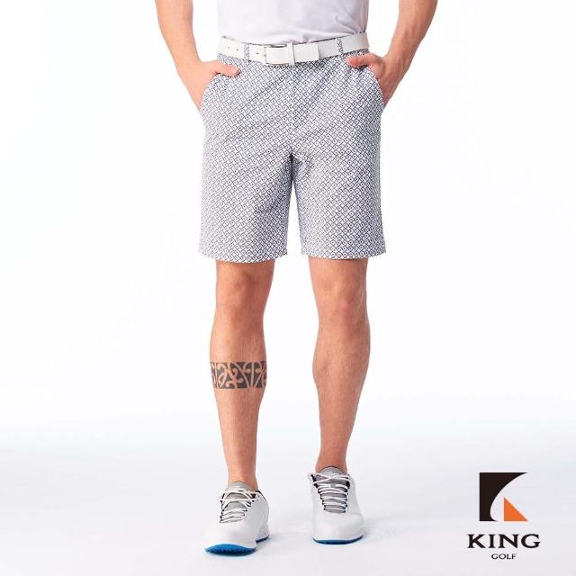 【KING GOLF】實體同步款-男款時尚滿版LOGO印花修身彈性休閒短褲/高爾夫球短褲(藍色)