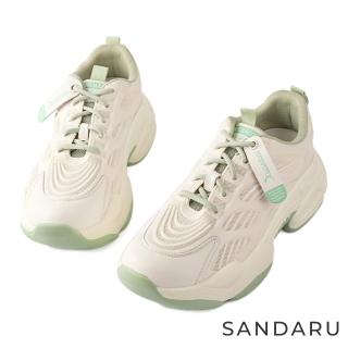 【SANDARU 山打努】老爹鞋 真皮拼接流線網面厚底休閒鞋(米綠)
