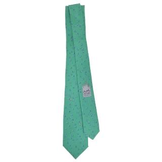 【Hermes 愛馬仕】H Lapin 手工縫製斜紋布真絲領帶(薄荷綠/藍)