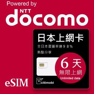 【citimobi】eSIM日本DOCOMO 6天吃到飽不降速(日本網卡 吃到飽 不降速 日本 網卡 沖繩 大阪 北海道 eSIM)