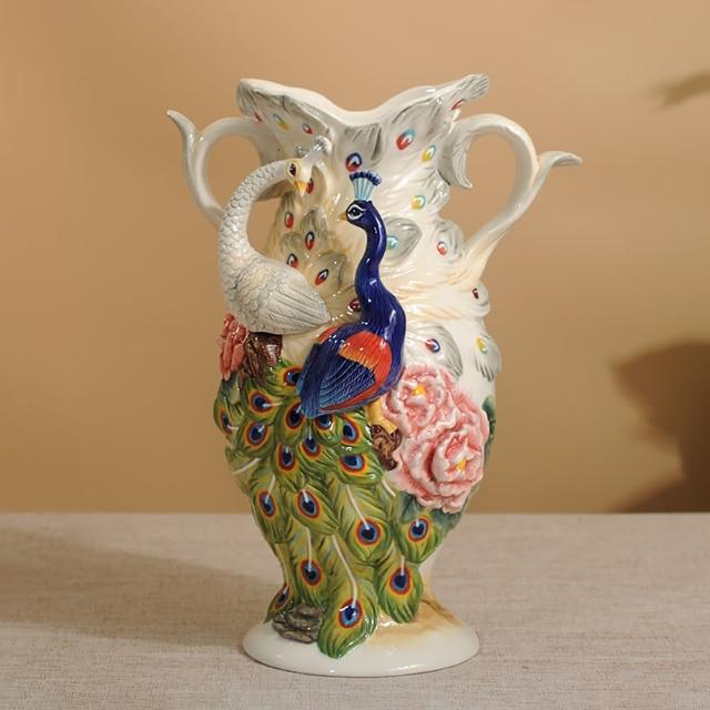 Function art 藝術瓷】富貴吉祥陶瓷雌雄孔雀造型花瓶／花器- momo購物