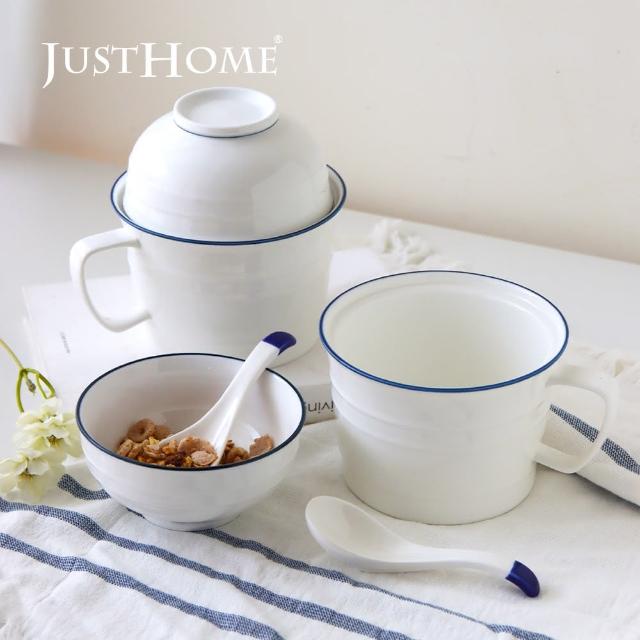 【Just Home】簡約藍邊陶瓷把手泡麵碗900ml-麵碗+飯碗+湯匙6件組(大容量/可微波/麵碗/湯碗/碗/飯碗) - momo購物網 ...