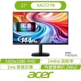 【Acer 宏碁】KA272 P6 27型 IPS FHD 16:9 144Hz護眼電腦螢幕(27吋/內建喇叭/FreeSync/1ms)